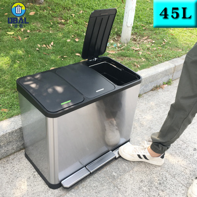 迪霸不锈钢脚踏式智能垃圾桶 三桶干湿分类户外环卫果皮收纳箱45L