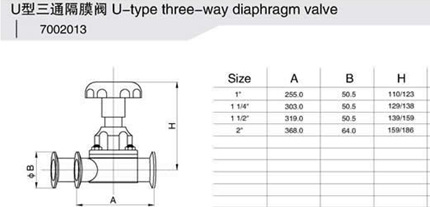 食品卫生级U型卡箍三通隔膜阀参数